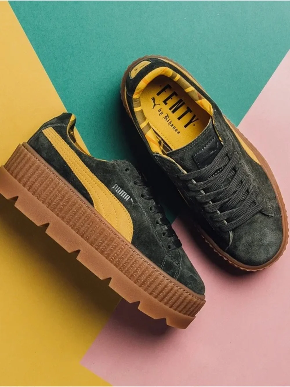 FENTY by Rihanna x Puma Olive Suede Platform Creeper Sneakers with Yellow Stripe